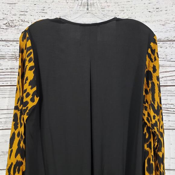 Glam Black Leopard Print Contrast Roll Tab Open Cardigan Size Medium - Picture 14 of 15